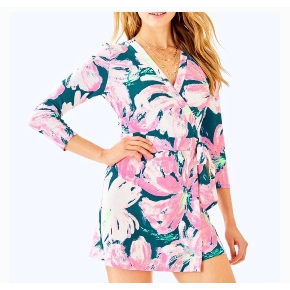 Lilly Pulitzer Karlie Tidal Wave Pans Garden Wrap Romper Large MSRP $178